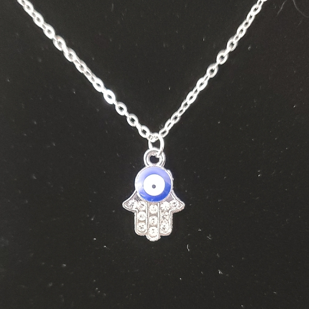 Hamsa Rhinestone Silver Tone Necklace with Blue Evil Eye Charm NWT